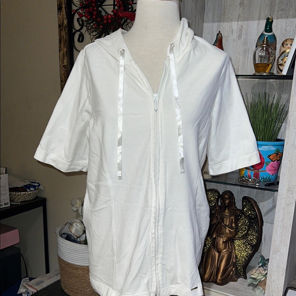 CJ banks White 100% Cotton Swim Coverup with Three-Quarter Sleeves 1X